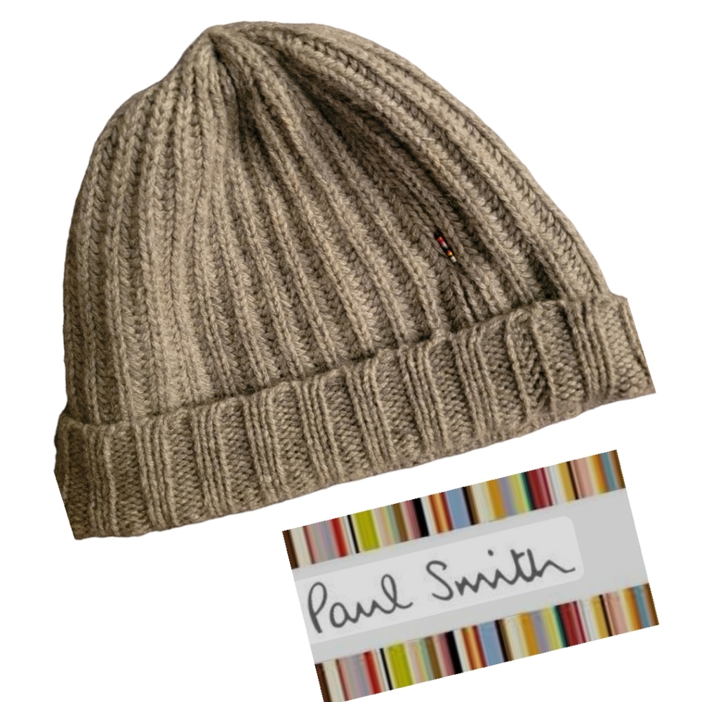 PAUL SMITH | Women's Grey 💯% Cashmere Ribbed Knit Beanie Cap